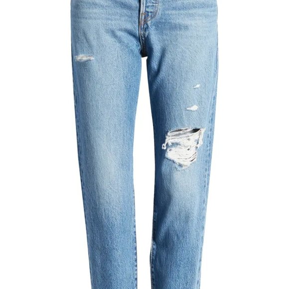 NWT LEVI'S WEDGIE ICON HIGH RISE DISTRESSED BUTTON FLY TAPERED LEG JEANS - Picture 3 of 5